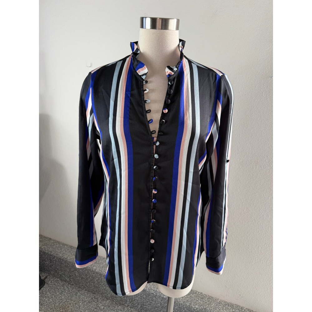 Express Portofino Womens Medium Slim Fit Striped Button Up Shirt Roll Tab Sleeve